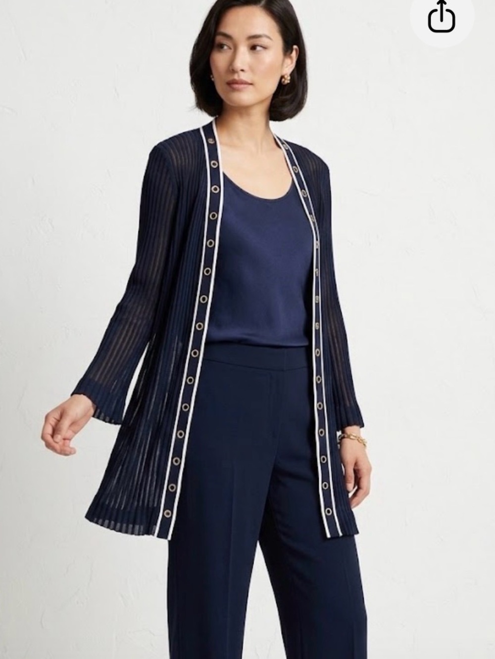 Ming Wang Navy Blue Sheer Ribbed Knit Cardigan Jacket White Trim Grommets Sz 2X